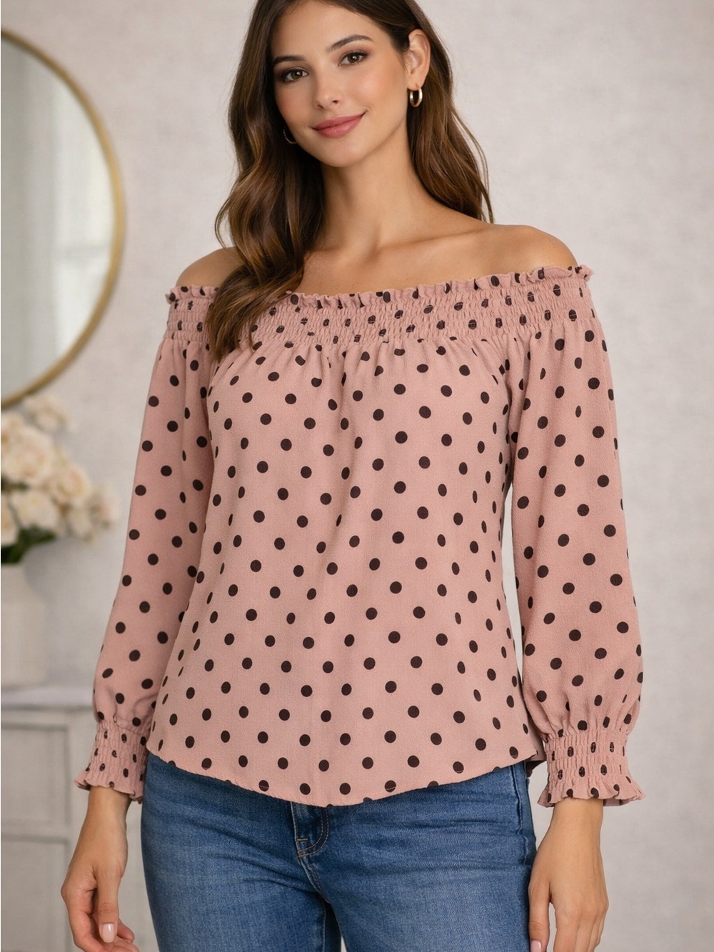 J for Justify Mauve Pink Off-Shoulder Polka Dot Tunic
